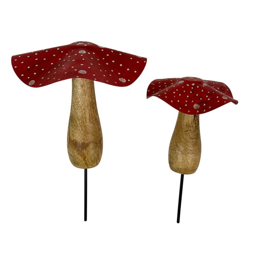 Set of 2 Red Mushroom Garden Stakes Hand Painted Wood Metal up to 12 Inches Tall